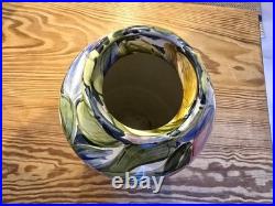 Vintage blue clematis large vase by Valerie and Ken Shelton studio pottery