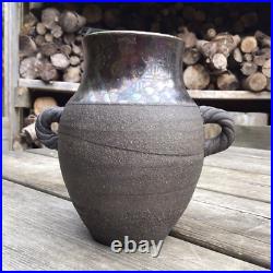 Vintage c. 1980s John Wheeldon Studio Pottery Handled Vase Geometric Metal Lustre