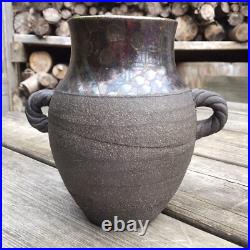 Vintage c. 1980s John Wheeldon Studio Pottery Handled Vase Geometric Metal Lustre