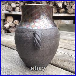 Vintage c. 1980s John Wheeldon Studio Pottery Handled Vase Geometric Metal Lustre