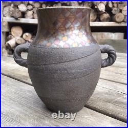Vintage c. 1980s John Wheeldon Studio Pottery Handled Vase Geometric Metal Lustre