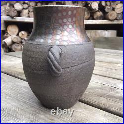 Vintage c. 1980s John Wheeldon Studio Pottery Handled Vase Geometric Metal Lustre