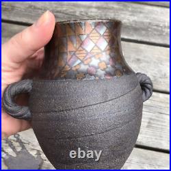 Vintage c. 1980s John Wheeldon Studio Pottery Handled Vase Geometric Metal Lustre