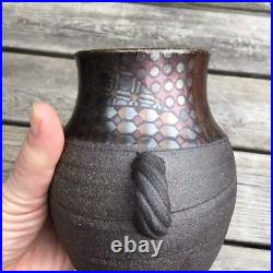 Vintage c. 1980s John Wheeldon Studio Pottery Handled Vase Geometric Metal Lustre