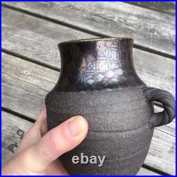 Vintage c. 1980s John Wheeldon Studio Pottery Handled Vase Geometric Metal Lustre