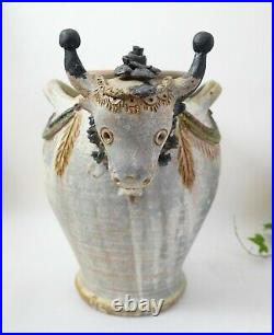 Vintage studio pottery large jar with bull head signed
