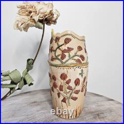Vtg 1990s Bird Florals Retro Folk Relief Scalloped Studio Pottery Vase Vtg 1990s Bird Florals Retro Folk Relief Scalloped Studio Pottery Vase