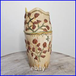 Vtg 1990s Bird Florals Retro Folk Relief Scalloped Studio Pottery Vase Vtg 1990s Bird Florals Retro Folk Relief Scalloped Studio Pottery Vase