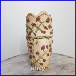 Vtg 1990s Bird Florals Retro Folk Relief Scalloped Studio Pottery Vase Vtg 1990s Bird Florals Retro Folk Relief Scalloped Studio Pottery Vase
