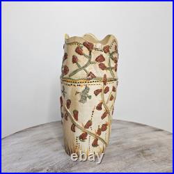 Vtg 1990s Bird Florals Retro Folk Relief Scalloped Studio Pottery Vase Vtg 1990s Bird Florals Retro Folk Relief Scalloped Studio Pottery Vase