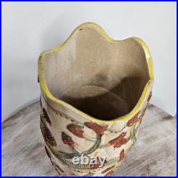 Vtg 1990s Bird Florals Retro Folk Relief Scalloped Studio Pottery Vase Vtg 1990s Bird Florals Retro Folk Relief Scalloped Studio Pottery Vase