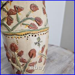 Vtg 1990s Bird Florals Retro Folk Relief Scalloped Studio Pottery Vase Vtg 1990s Bird Florals Retro Folk Relief Scalloped Studio Pottery Vase