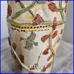 Vtg 1990s Bird Florals Retro Folk Relief Scalloped Studio Pottery Vase Vtg 1990s Bird Florals Retro Folk Relief Scalloped Studio Pottery Vase