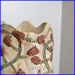 Vtg 1990s Bird Florals Retro Folk Relief Scalloped Studio Pottery Vase Vtg 1990s Bird Florals Retro Folk Relief Scalloped Studio Pottery Vase