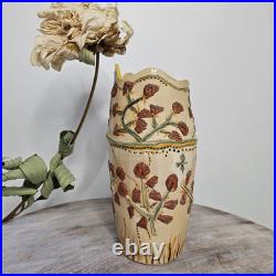 Vtg 1990s Bird Florals Retro Folk Relief Scalloped Studio Pottery Vase Vtg 1990s Bird Florals Retro Folk Relief Scalloped Studio Pottery Vase