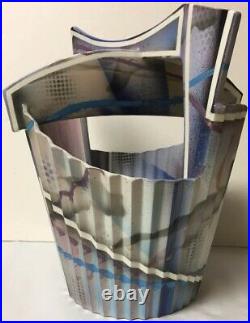 Vtg Ceramic Pottery Memphis Style Basket Vase Geometric, Signed TOM HUBERT