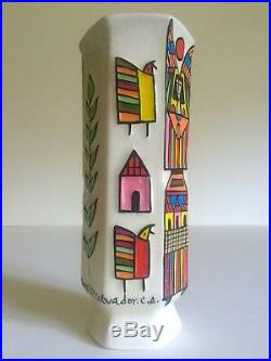 Vtg MID Century Modern El Salvador Art Pottery Hand Painted Signed Angel Vase
