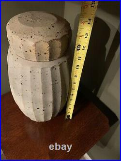 Warren Mackenzie Fluted Cut Oatmeal Glazed Lidded Vase 13.5 High