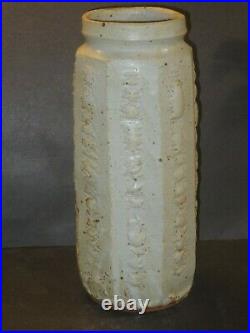 Warren Mackenzie Lg Faceted Pottery Vase W Textured Surface Decoration, Stamped