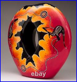 Waterhole Dreaming Aboriginal Hand Painted Vase Signed Art Pottery QLD Australia