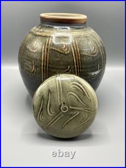 Winchcombe Studio Pottery Stoneware Jar with Cover Tenmoku and Naku Glaze h24cm
