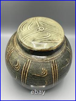 Winchcombe Studio Pottery Stoneware Jar with Cover Tenmoku and Naku Glaze h24cm