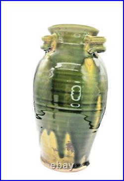 Wonderful Large Handcrafted Green/Yellow Studio Pottery Vase Deco Northern Irish