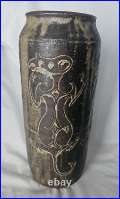 Wonderful unusual large studio art pottery vase with charming incised figures