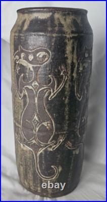 Wonderful unusual large studio art pottery vase with charming incised figures