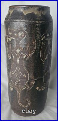 Wonderful unusual large studio art pottery vase with charming incised figures