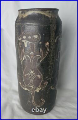 Wonderful unusual large studio art pottery vase with charming incised figures