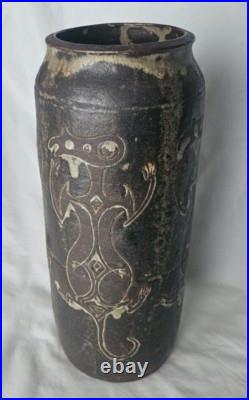 Wonderful unusual large studio art pottery vase with charming incised figures