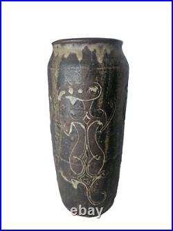 Wonderful unusual large studio art pottery vase with charming incised figures