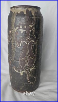 Wonderful unusual large studio art pottery vase with charming incised figures