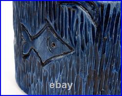 XL Blue Carved Fish Studio Pottery Vase by Hanen Ben Salah Signed
