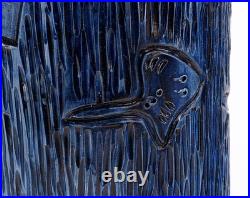 XL Blue Carved Fish Studio Pottery Vase by Hanen Ben Salah Signed