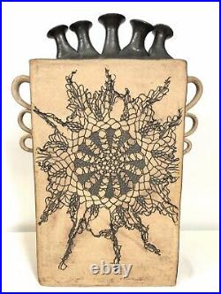 Yvonne Signed Large 5 Finger Spout Vase/Jug Studio Pottery Carved Earthenware