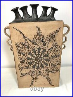 Yvonne Signed Large 5 Finger Spout Vase/Jug Studio Pottery Carved Earthenware